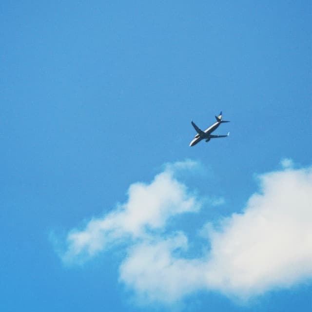 commercial airplane flying through a clear blue sky above a single white cloud in bright daylight during a routine travel flight