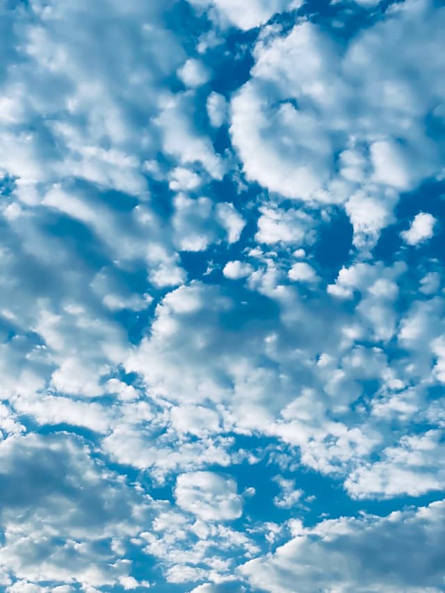 white altocumulus clouds fill a bright blue sky during the day, creating a textured pattern of light and shadow in the atmosphere