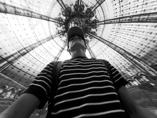 person in a striped shirt looks up at a glass dome ceiling in this black and white low angle architectural photograph