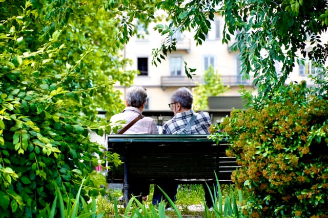 two older people sit on a park bench framed by green bushes with soft daylight hitting the city buildings behind them