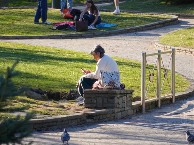 a woman sits on a stone wall in a public park during golden hour, with people relaxing on the grass nearby