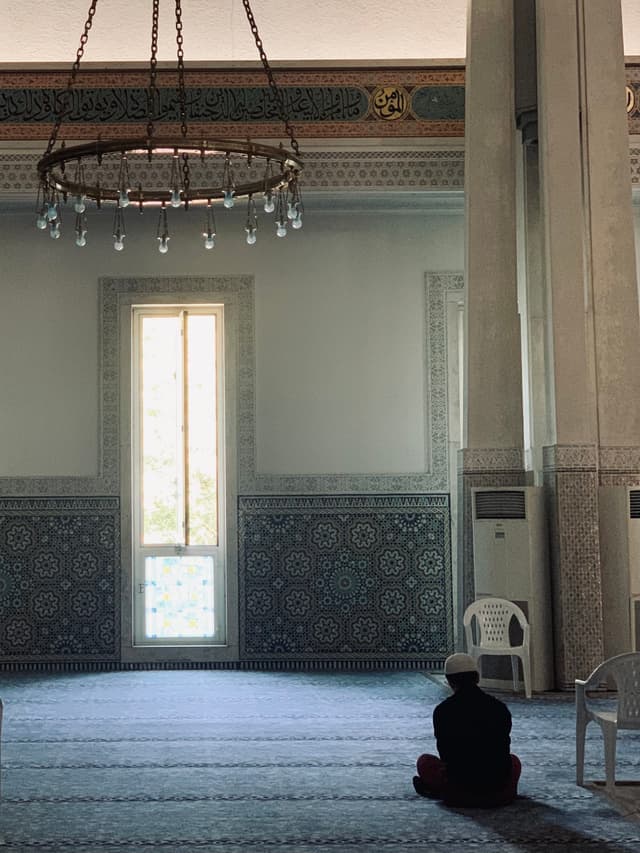 a person kneels on a blue carpet inside a mosque with tiled walls, a hanging chandelier, and natural light from a tall window