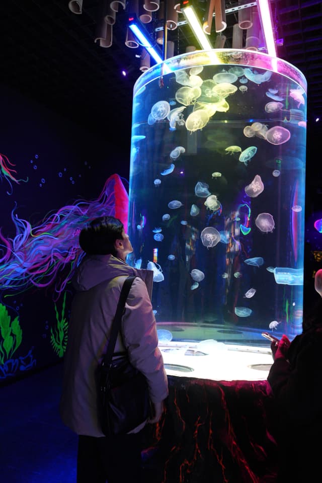 person in winter coat watches jellyfish inside a tall cylindrical aquarium illuminated by neon lights in a dark museum exhibit space