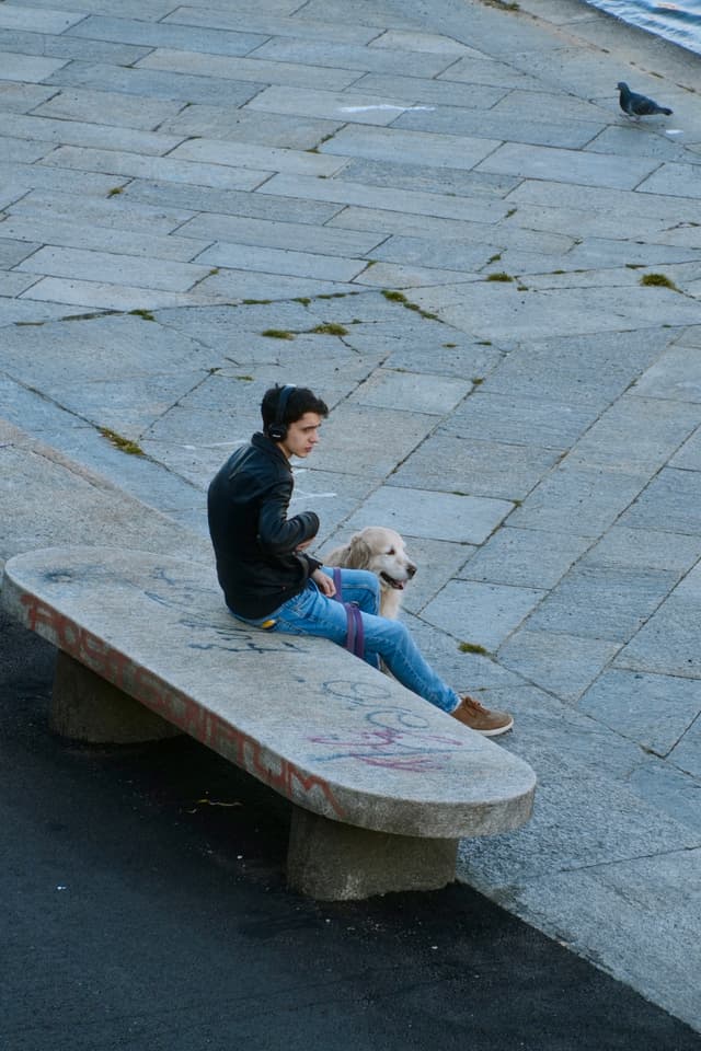 young man wearing headphones sits on a stone bench with a golden retriever beside a paved riverfront during a quiet afternoon