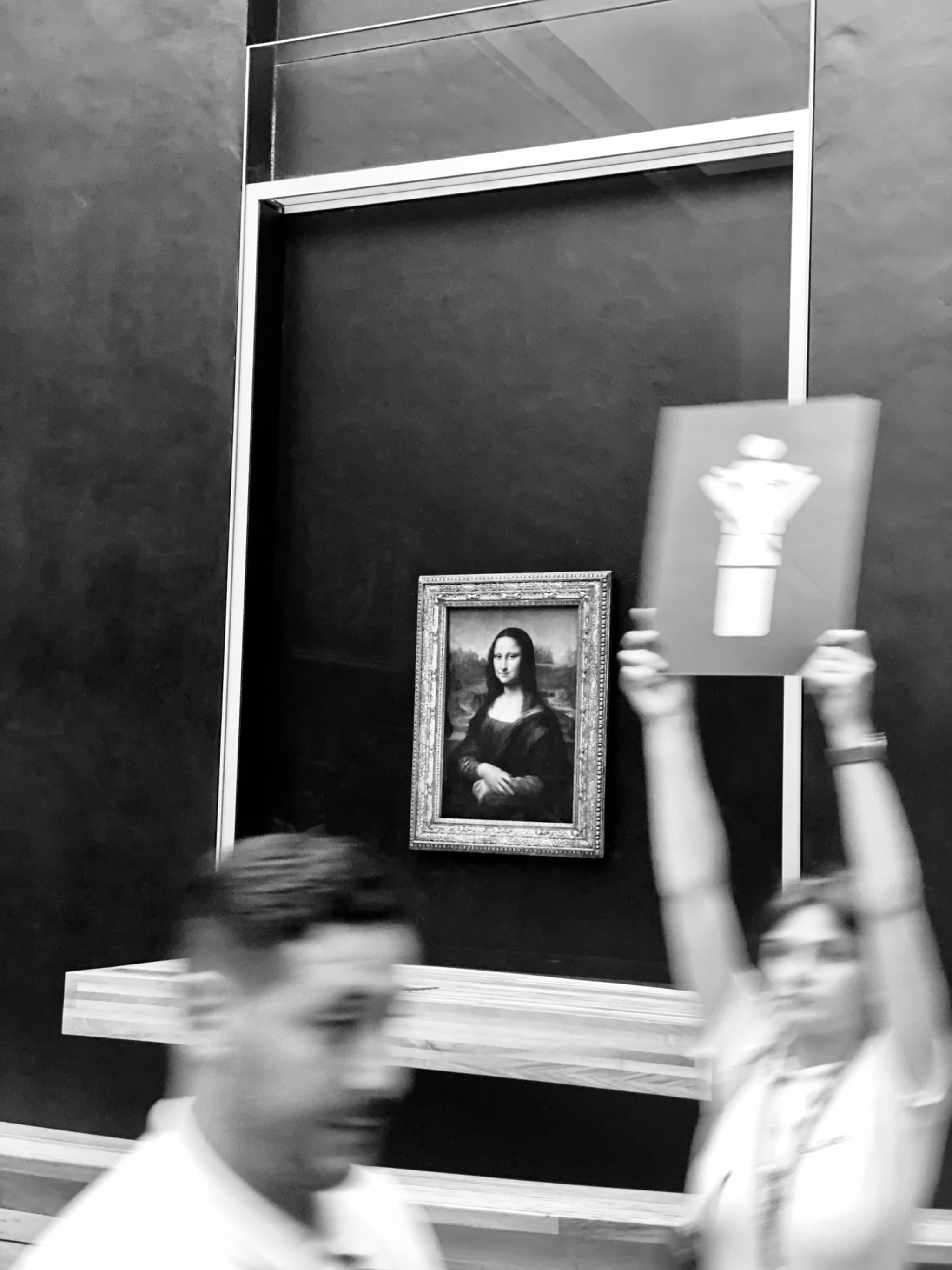 a person holds a protest sign in front of the mona lisa at the louvre museum, captured in a blurred black and white photograph